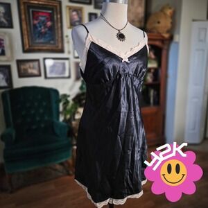Vintage Y2K Gillian O Malley Black Satin Slip Lace Trim Lingerie Mini Nightgown